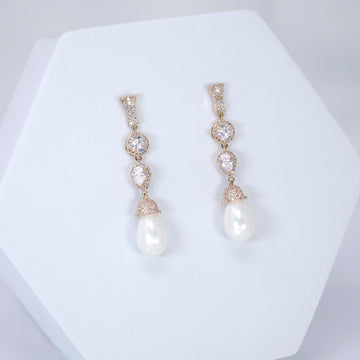 CZ Diamond Mini Pearl Drop Gold Plated Earring, Diamond Earrings, Long Bridal Jewelry, Crystal Bridal Earrings, Statement Earrings Cz